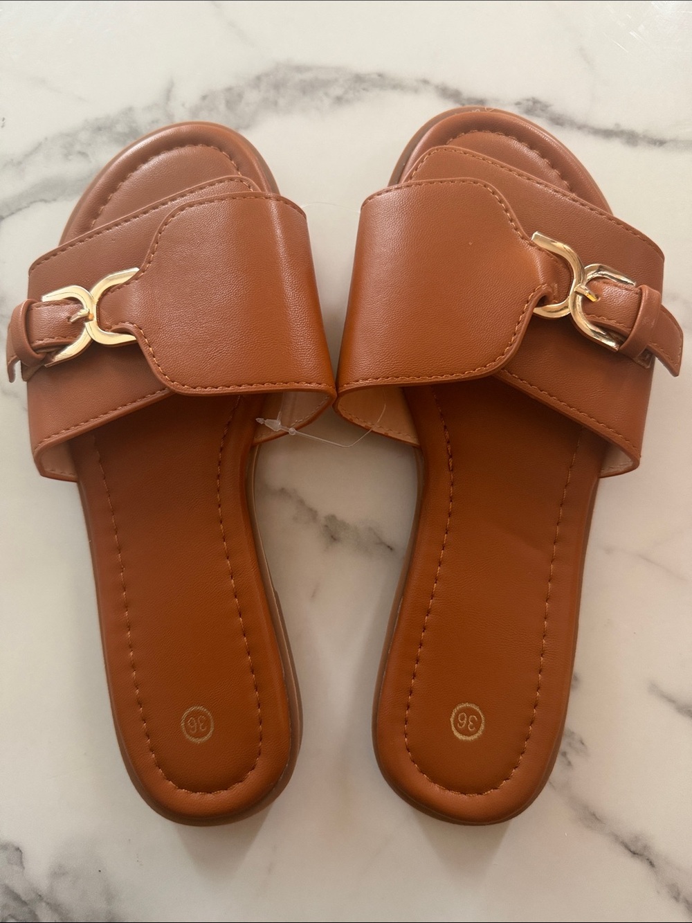 Women's Brown Slide Sandals with Gold Buckle Detail